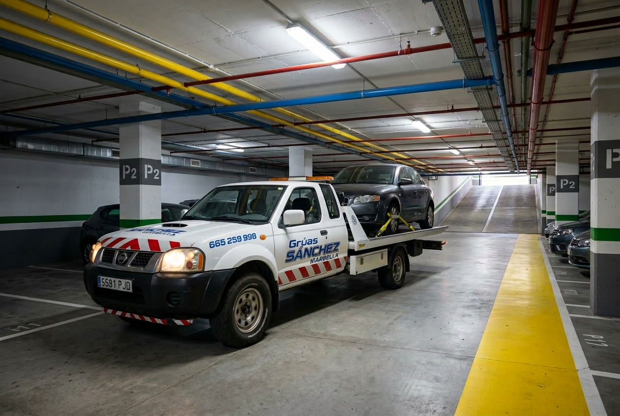 Grúa pick-up 4x4 de Grúas Sánchez Marbella preparada para extracción de vehículos en subterráneos y zonas de difícil acceso