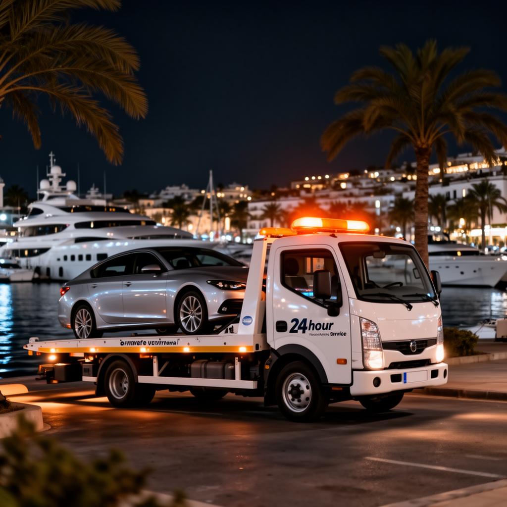 Grúa de Grúas Sánchez Marbella trabajando en la avenida del Mar de Marbella